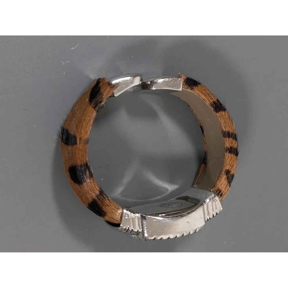 Kessaris‎ Watch Animal Print Faux Fur Cuff Brown Black Hinge Bracelet 6.5